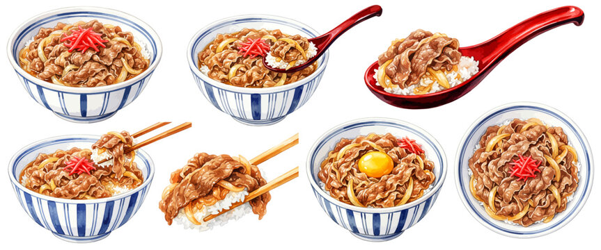 牛丼のイラストセット,水彩風の牛肉どんぶりと生卵トッピング,お箸の箸上げとレンゲすくい上げ素材集,手描きベクター