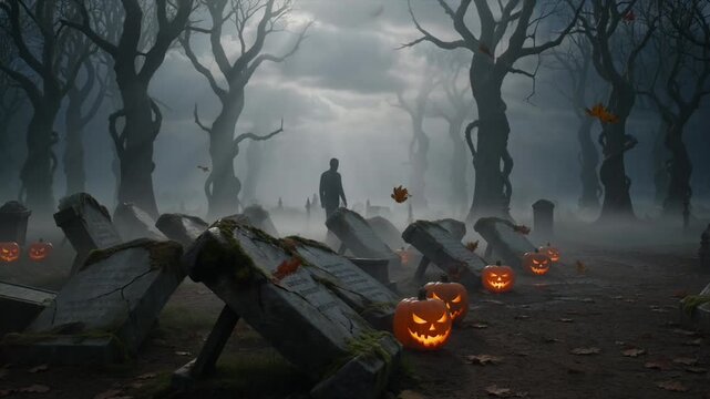 Foggy graveyard halloween night with eerie pumpkin lanterns in dark cemetery mist spooky tree silhouettes ghostly path creepy tilted tombstone autumn leaf horror atmosphere haunted mood
