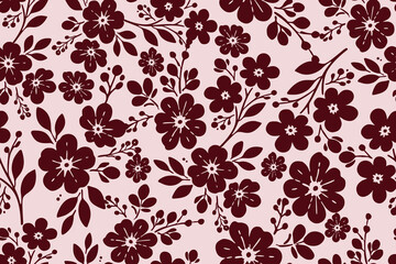 Obraz premium Elegant seamless floral pattern featuring rich burgundy blossoms, leaves, and berries on a soft blush background, perfect for fabric, wallpaper, and decor.