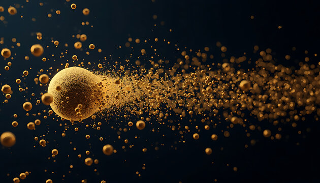 Abstract 3D rendering of a golden hydrogen atom orbital system with a glowing proton core and dispersing electron particles