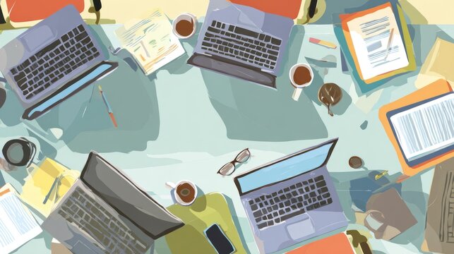 Multiple portable computers and work materials cover a bright tabletop viewed from above