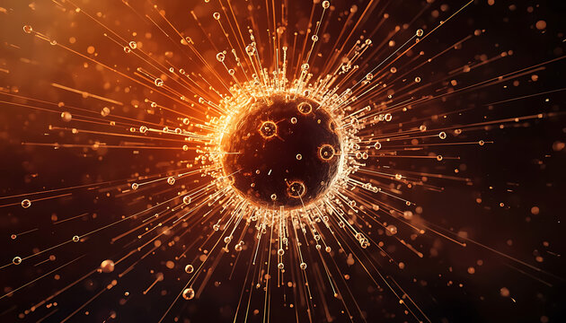 Abstract Glowing Microscopic Particle Burst Emulating Bioluminescent Chemical Reaction Patterns
