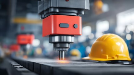 Fototapeta premium Industrial robotic arm welding metal sheet in factory with safety helmet