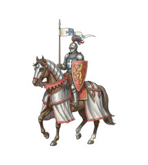 Obraz premium Medieval Knight in Full Armor on Armored Horse Carrying a Spear and Shield Historical Illustration