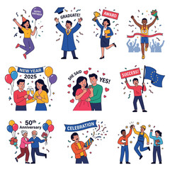 Fototapeta premium Illustrations of people celebrating various life events, achievements, and milestones like birthdays, graduation, awards, new year, anniversaries, and success.