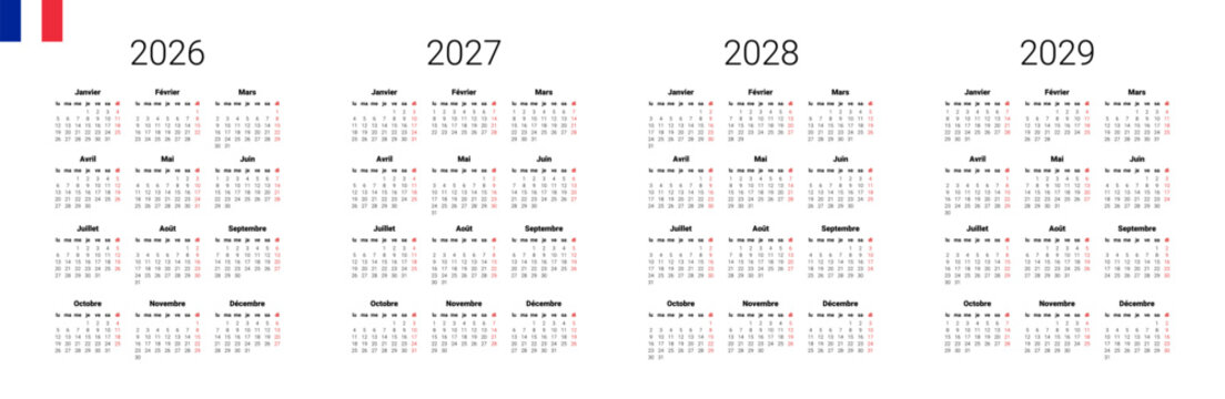 French 2027, 2026, 2029 calendar. Vector illustration design template start from monday. Full months for wall calendar. isolated wall background.
