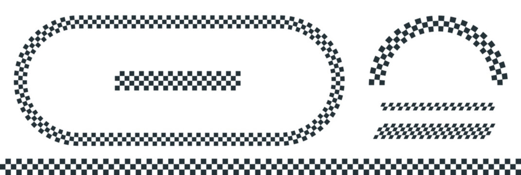 checkered racing flag set. Monochrome motorsport oval racetrack, curved arch rocker, and divider line. Retro checkerboard emblem framing elements.