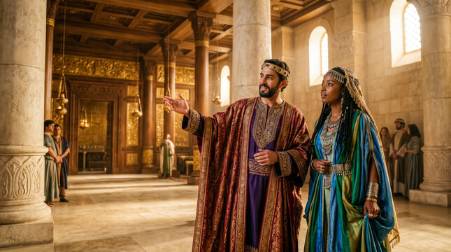 King Solomon is proudly showing the interior of his royal palace to the Queen of Sheba.