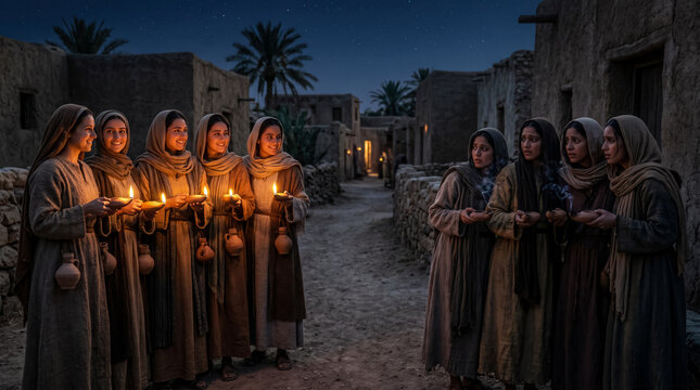 Five wise virgins have burning lamps, while five foolish virgins hold lamps that have gone out.