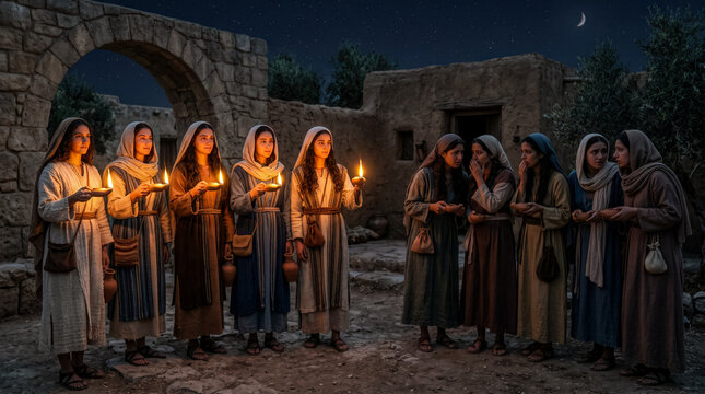 Five wise virgins have burning lamps, while five foolish virgins hold lamps that have gone out.
