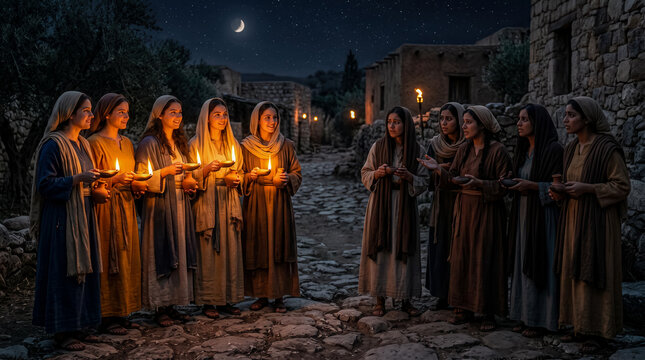 Five wise virgins have burning lamps, while five foolish virgins hold lamps that have gone out.