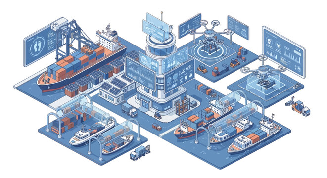 Industrial shipyard with various boats and cranes.