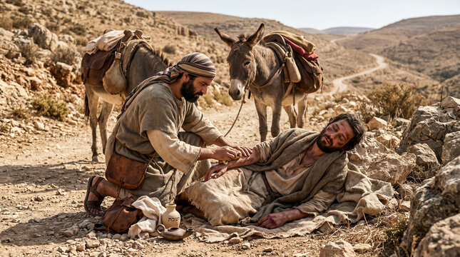 Good Samaritan helping to man, Bible story.