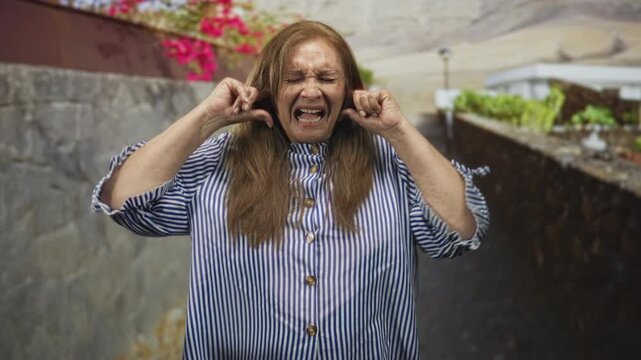 Woman plugging ears with fingers, grimacing and squinting with eyes closed, wearing a striped shirt and standing beside a stone building wall with planter; annoyance.