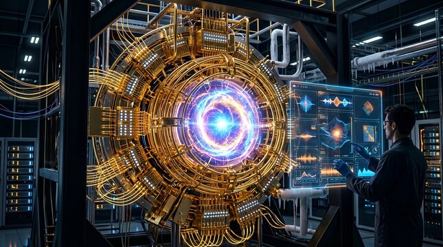 Man visualizing futuristic quantum computing breakthrough in laboratory