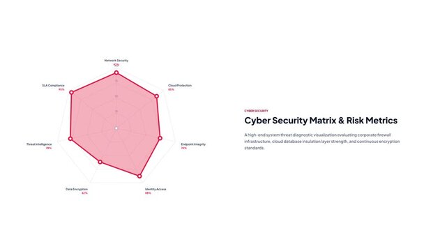 Animated pink spider radar chart evaluating cybersecurity matrix threat intelligence and network risk metrics