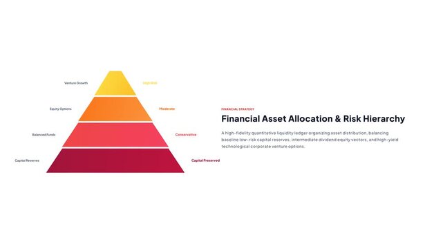 Financial asset allocation and risk hierarchy four level infographic pyramid chart animation