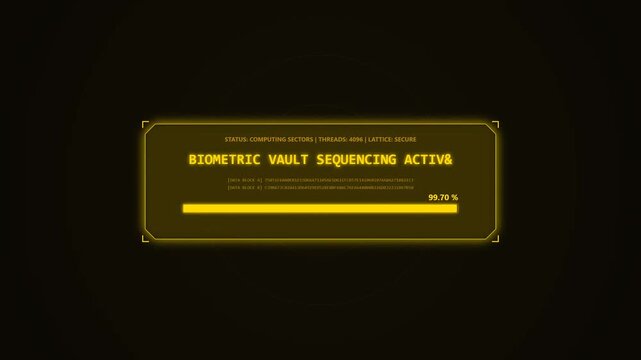 Futuristic cyber security interface showing biometric vault sequencing data decryption loading bar on dark background