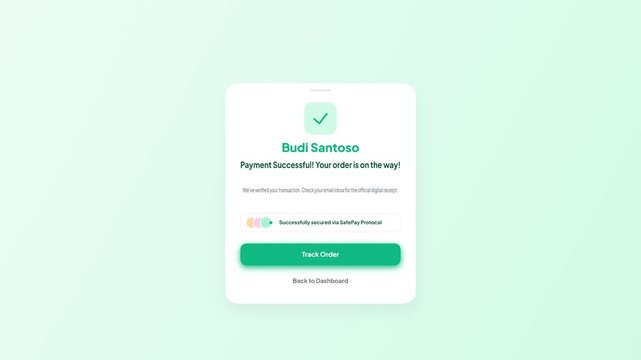 Successful payment confirmation user interface card with tracking button and security toggle switch