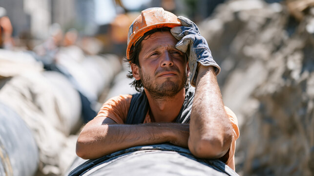 Candid unposed moment of district heating pipe welder pausing at trench edge to wipe brow in summer heat, urban thermal network expansion labor, underground heat distribution