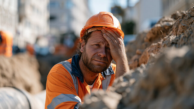 Candid unposed moment of district heating pipe welder pausing at trench edge to wipe brow in summer heat, urban thermal network expansion labor, underground heat distribution