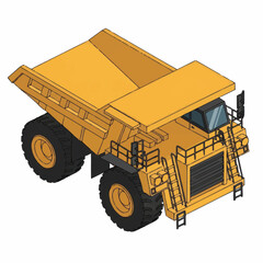 Isometric illustration of a large yellow mining dump truck vehicle. © Is