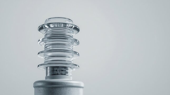 Close-up of a clear glass insulator with a white background, electricity concept.