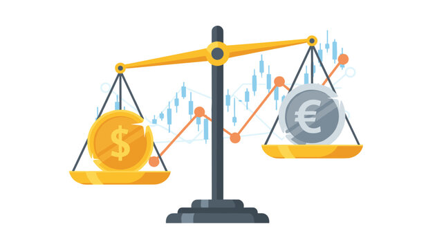 Weighing scales balancing a US Dollar coin against a Euro coin with a financial stock market chart in the background for economic analysis.