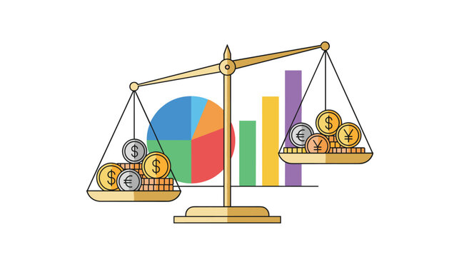 Weighing scales with stacks of Dollar, Euro, and Yen coins against a colorful pie and bar chart background for financial market analysis.
