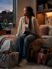 Obraz premium A young woman with braided hair sits on a bed in a cozy bedroom, surrounded by boxes and clothes. Evening light creates a warm and reflective atmosphere.