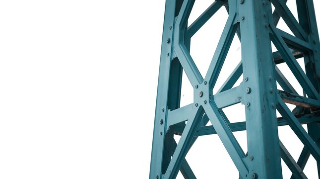Close-up view of a teal-colored metal structure against a bright white background.