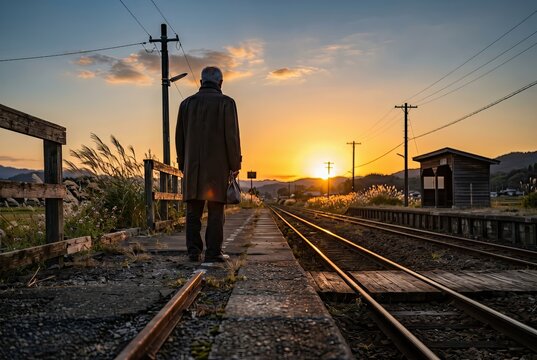 Generated AI set photos elderly man waiting at rural train station during sunset evocative momen