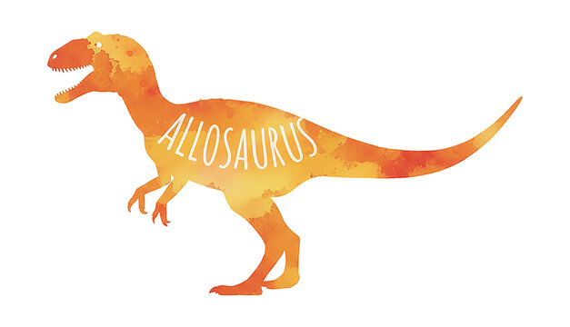 Allosaurus Dinosaur Silhouette with Watercolor Orange Yellow Texture Prehistoric Animal Design on White Background