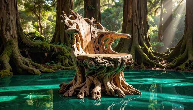 Sculptural armchair crafted from intertwined petrified branches of ancient redwood trees sits on a reflective emerald green floor inside a sunlit magical fantasy forest
