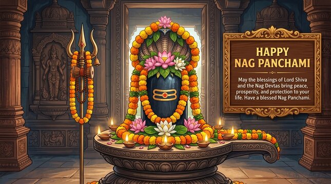 Happy Nag Panchami festival banner with Lord Shiva Lingam and trishul