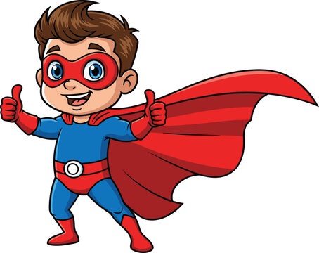 Cartoon superhero boy in blue suit with red cape, confident child character giving thumbs up, playful vector illustration design