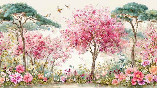 Blooming cherry trees and vibrant flowers in spring.
