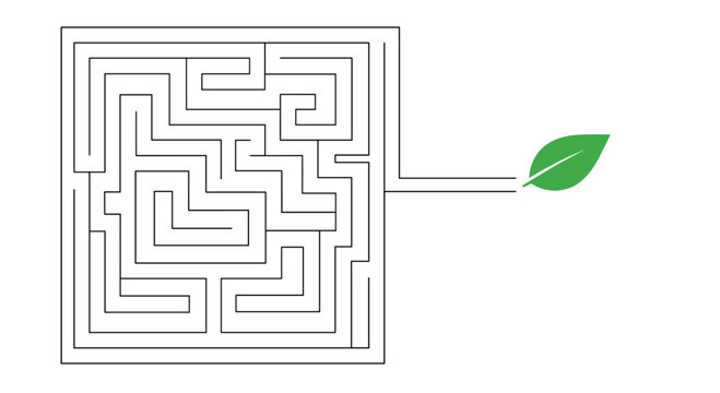 Square maze with black lines features a single green leaf extending from the exit path on the right side indicating a natural solution or path to growth.