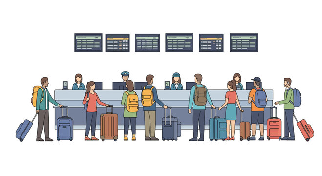 Passengers standing at airport check-in desks with suitcases and backpacks while airline personnel process travel documents under digital flight boards.