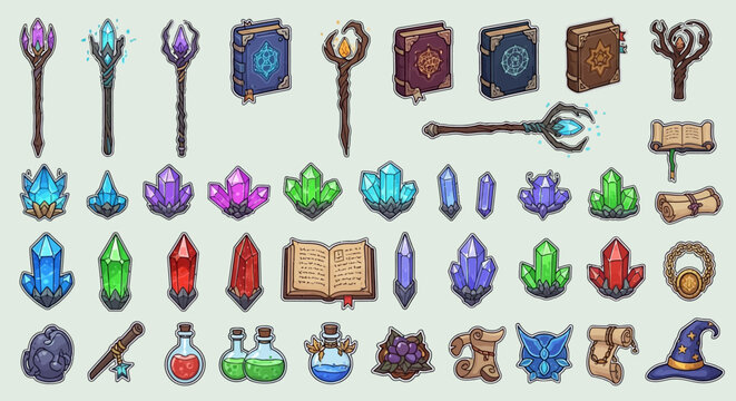 Pixel Art Magic Items: Crystals, Spellbooks, Potions, and Wizard Hat