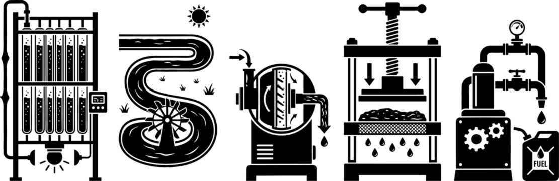 Algae Biofuel Manufacturing Process and Renewable Energy Solid Black Icon Set Featuring Photobioreactor Raceway Pond Centrifuge Screw Press and Refining Distillery