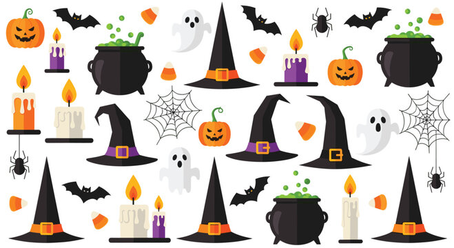 Collection of Halloween icons including black cauldrons, witch hats, spiders, spider webs, candles, and candy corn on white background.
