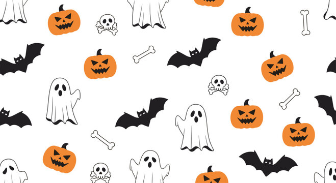 Seamless pattern with orange jack-o'-lanterns, white ghosts, black bats, skulls, and bones on a clean white background.