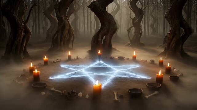 Cursed forest circle glowing pentagram ritual with burning candle magic symbol dark fog mist smoke eerie light mystical atmosphere spooky night twisted tree bone crystal occult ceremony on ground soil