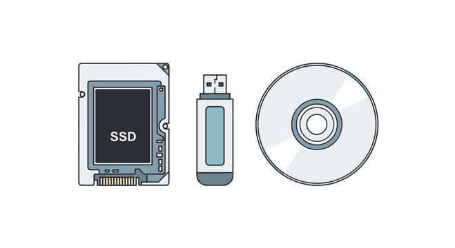 SSD drive, USB flash drive, and optical disc, computer storage media, data backup hardware, white background.