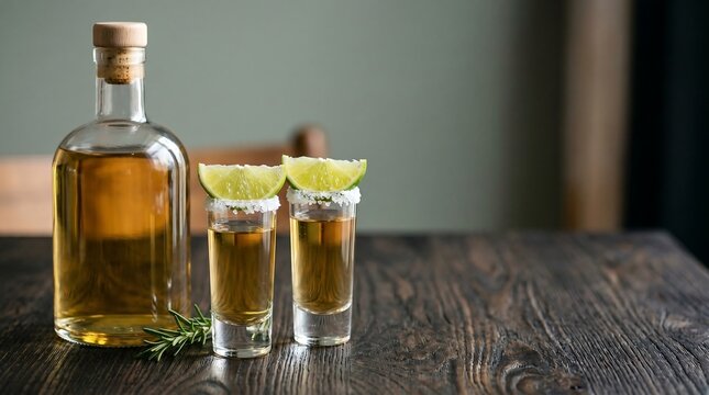 Gold tequila shots with salt and lime wedges on dark wood table