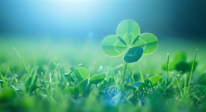 Four leaf clover in lush green meadow lucky charm symbol