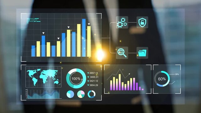 Businessman touching holographic business data graph charts, Futuristic business dashboard with charts world map and data icons on a glowing virtual screen