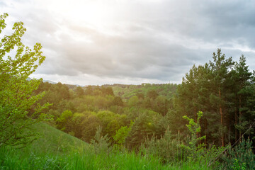 Fototapeta premium Soft sun rays breaking through storm clouds over dense forest valley. Mountainous summer landscape with green hills and mix of deciduous and pine trees.