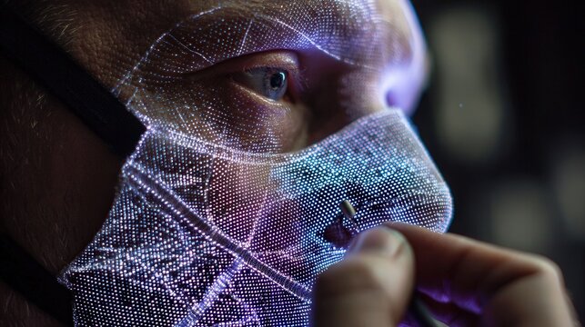Closeup face with mesh projection, technician adjusting wireframe mapping under neon studio lighting, highdetail skin texture and photogrammetry markers, realtime digital overlay suggesting AIpowered